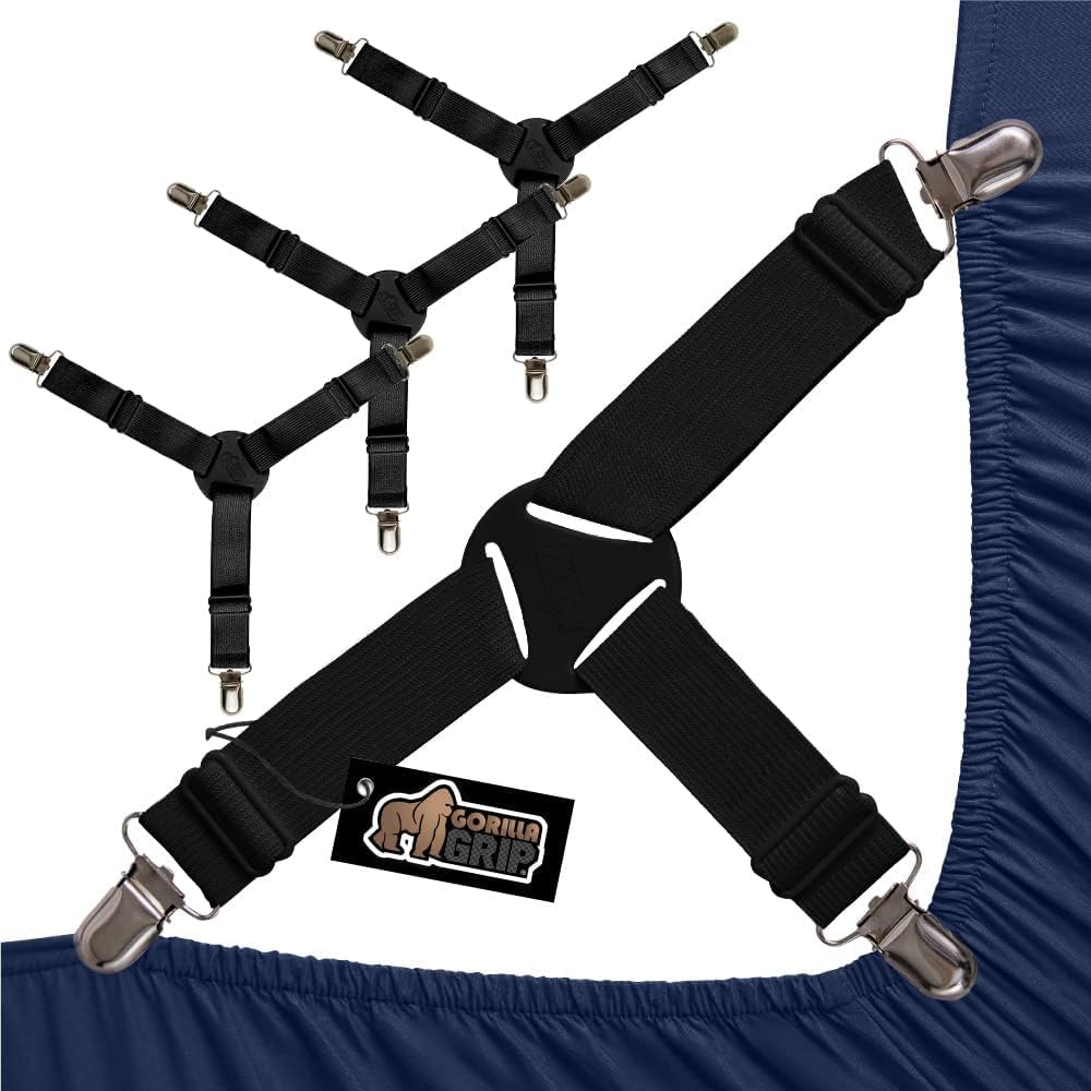 GORILLA GRIP Bed Sheet Straps, Adjustable Elastic Fasteners with Metal Clips, 4 Pack Black