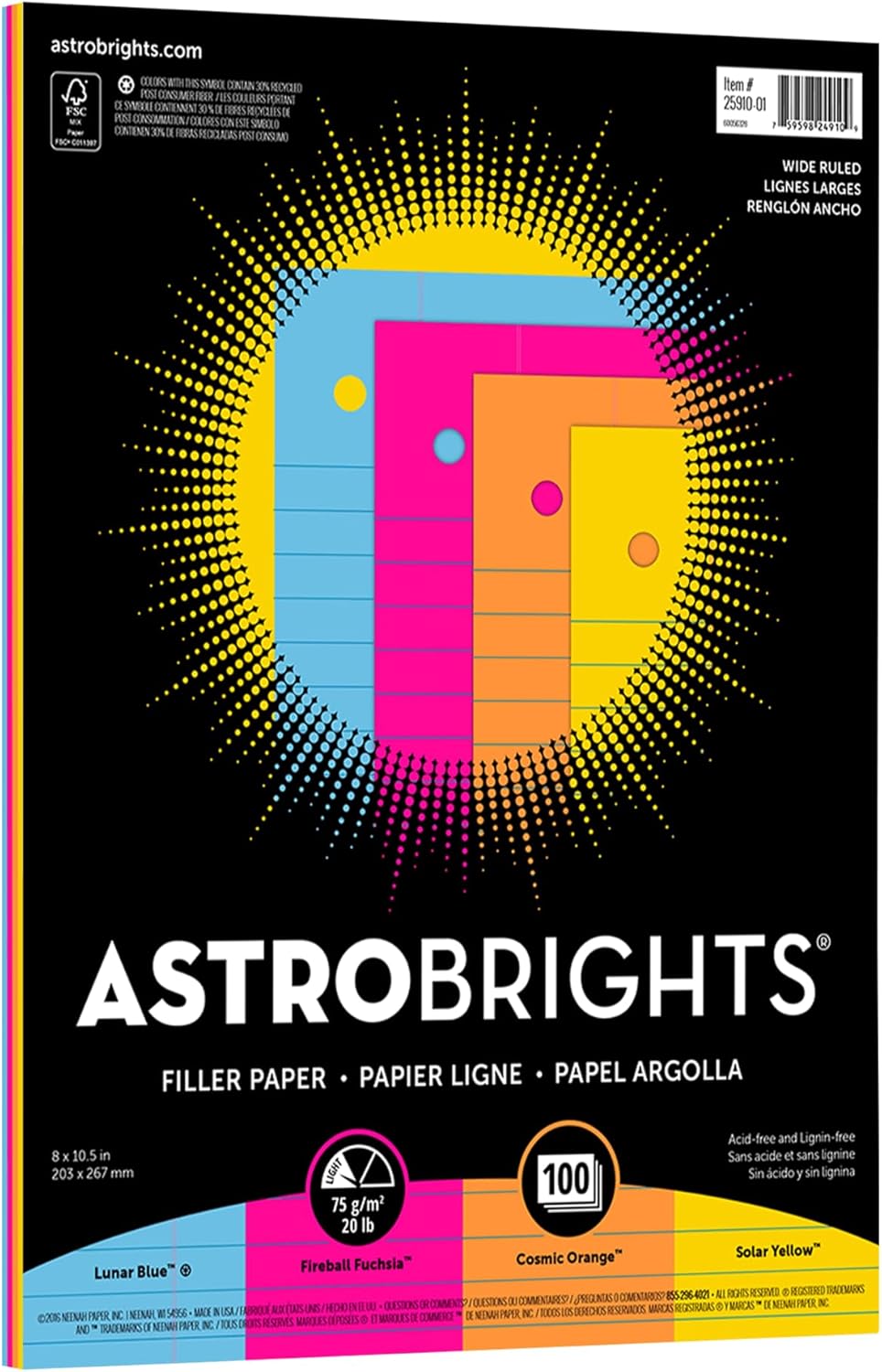 Astrobrights® Filler Paper, 8" x 10 1/2", Wide Ruled, 20 Lb, FSC® Certified, Assorted Colors, Pack Of 100 Sheets