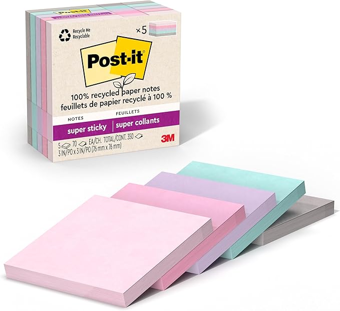 Post-it 100% Recycled Paper Super Sticky Notes, 2X The Sticking Power, 3x3 in, 5 Pads, 70 Sheets/Pad