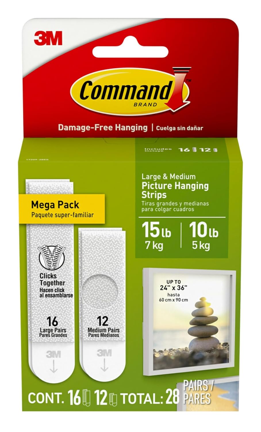 Command 15 lb & 10 lb Large and Medium Picture Hanging Strips 28 Assorted Pairs (56 Command Strips)
