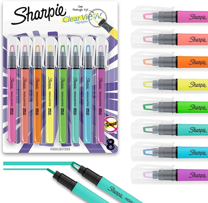 Sharpie Clear View Highlighter Sticks, Chisel Tip Fluorescent Highlighters,  Assorted Colors, 8 Count