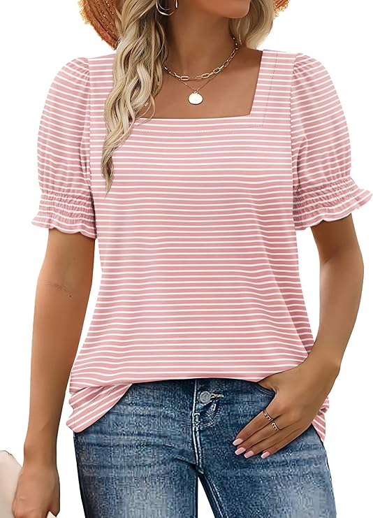 Women's Summer Casual Ruffle Trim Sleeve Square Neck T Shirts