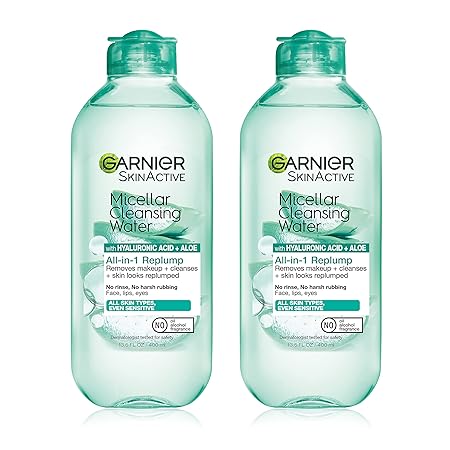 Garnier Micellar Water with Hyaluronic Acid, Facial Cleanser & Makeup Remover, 400mL, 2 Count