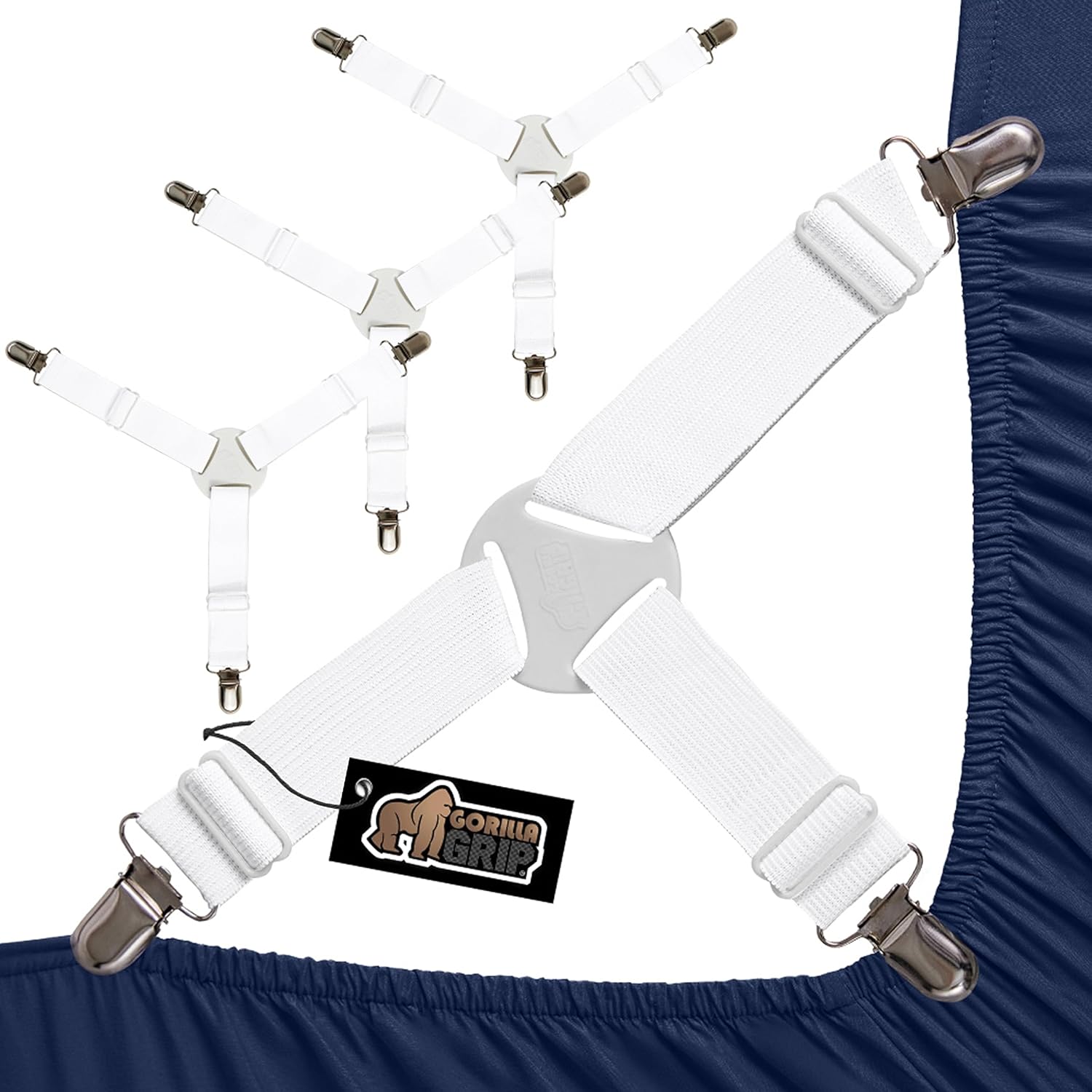 GORILLA GRIP Bed Sheet Straps, Adjustable Elastic Fasteners with Metal Clips, 4 Pack White