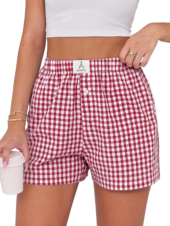 ANRABESS Boxer Shorts for Women Summer Casual Lounge Sleep Plaid Shorts